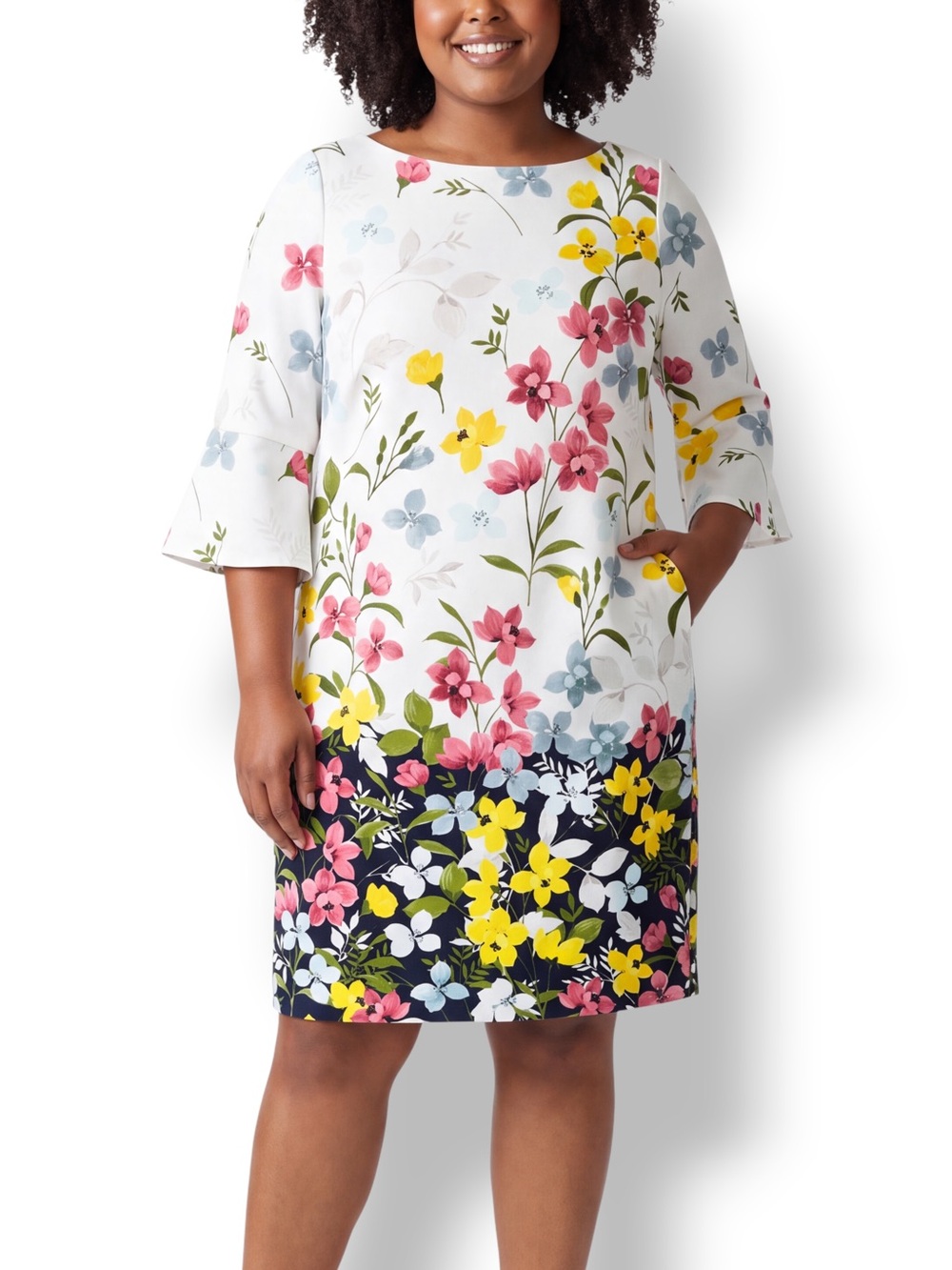 4/$20 Jessica H Size 14 White Floral Bell Sleeve Midi Shift Dress